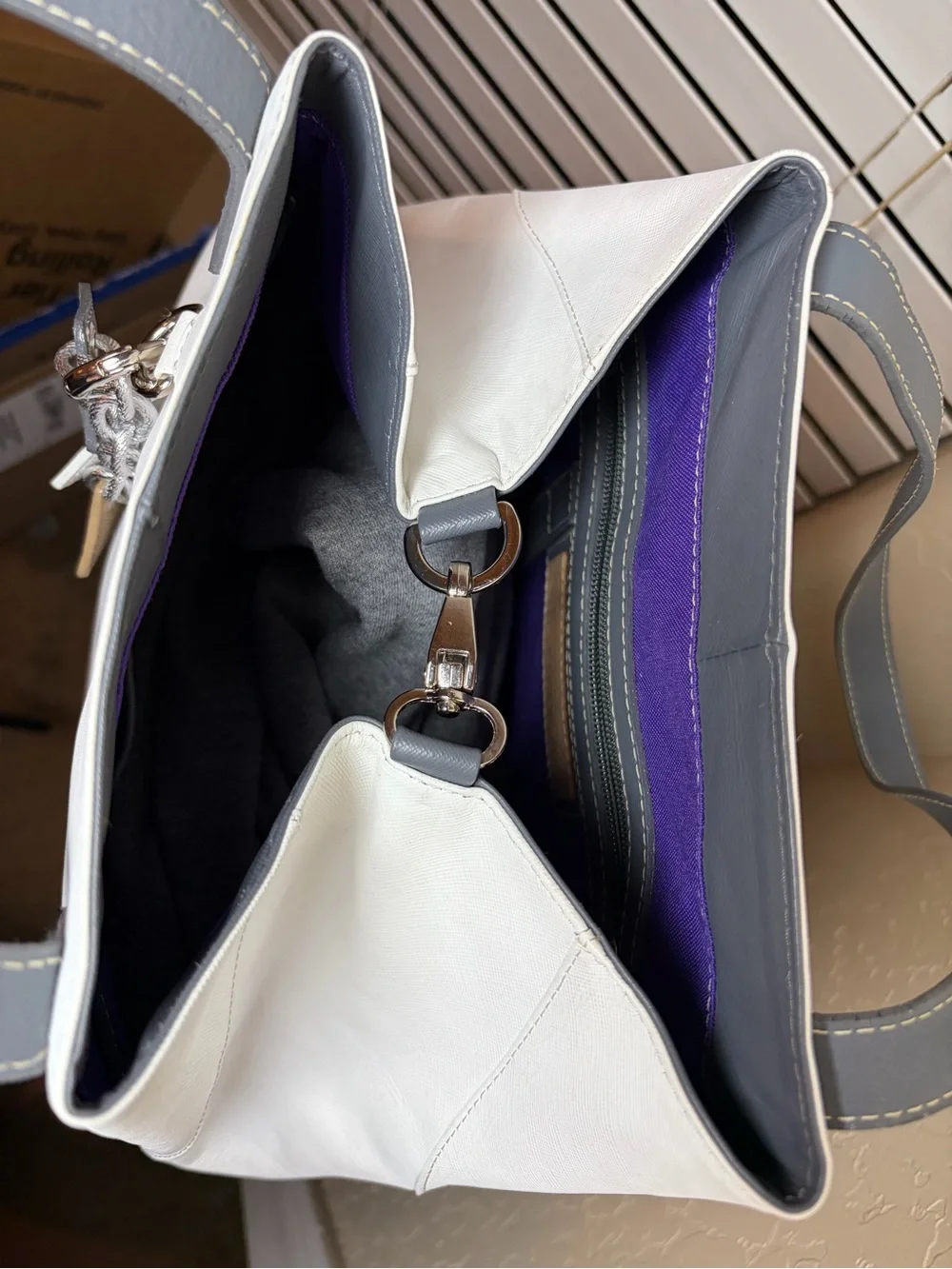 ClaudiaG White & Gray Oversized Tote Bag Purple Interior Work Travel Bag